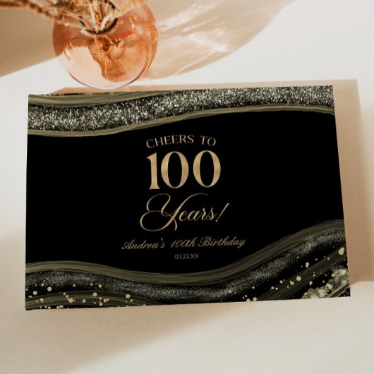 Elegant Black Gold Agate 100th Birthday Party Gastenboek