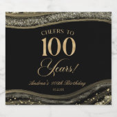 Elegant Black Gold Agate 100th Birthday Party Sparkling Wijnetiket (Enkel label)