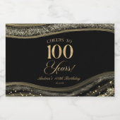 Elegant Black Gold Agate 100th Birthday Party Sparkling Wijnetiket (Enkel label)