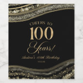 Elegant Black Gold Agate 100th Birthday Party Wijn Etiket (Enkel label)