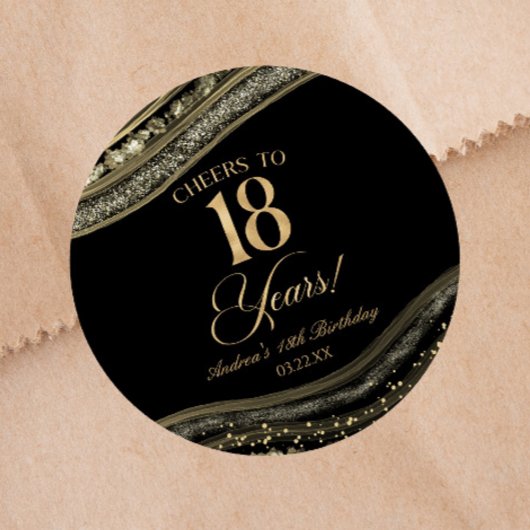 Elegant Black Gold Agate 18th Birthday Party Ronde Sticker