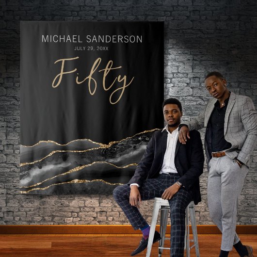 Elegant Black Gold Agate 50th Birthday Backdrop Wandkleed