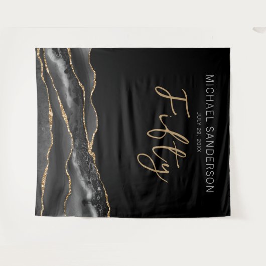 Elegant Black Gold Agate 50th Birthday Backdrop Wandkleed (Voorkant (horizontaal))