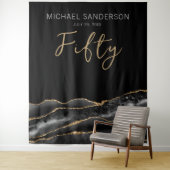 Elegant Black Gold Agate 50th Birthday Backdrop Wandkleed (In situ)