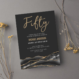Elegant Black Gold Agate 50th Birthday Party Kaart