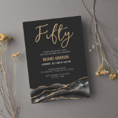 Elegant Black Gold Agate 50th Birthday Party Kaart