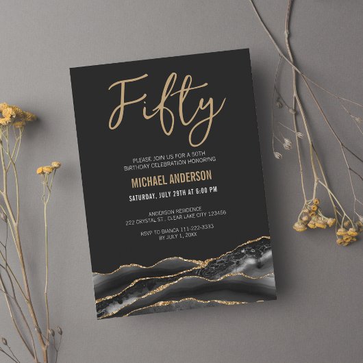 Elegant Black Gold Agate 50th Birthday Party Kaart
