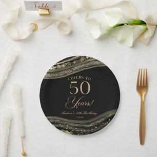 Elegant Black Gold Agate 50th Birthday Party Papieren Bordje