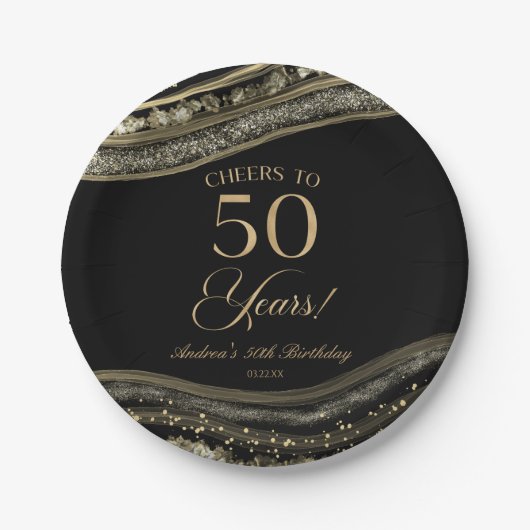Elegant Black Gold Agate 50th Birthday Party Papieren Bordje (Voorkant)