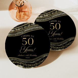 Elegant Black Gold Agate 50th Birthday Party Papieren Bordje
