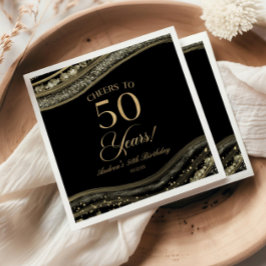 Elegant Black Gold Agate 50th Birthday Party Servet