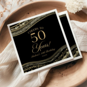 Elegant Black Gold Agate 50th Birthday Party Servet