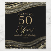 Elegant Black Gold Agate 50th Birthday Party Wijn Etiket (Enkel label)