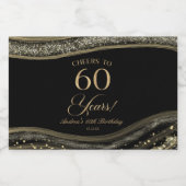Elegant Black Gold Agate 60th Birthday Party Sparkling Wijnetiket (Enkel label)