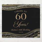 Elegant Black Gold Agate 60th Birthday Party Sparkling Wijnetiket (Enkel label)
