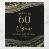 Elegant Black Gold Agate 60th Birthday Party Wijn Etiket (Enkel label)