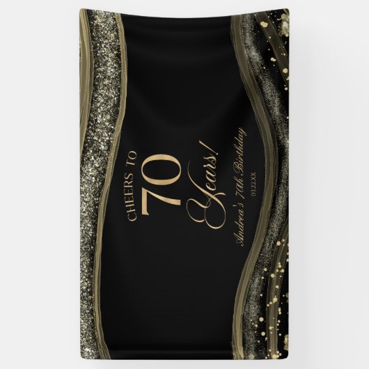 Elegant Black Gold Agate 70th Birthday Party Spandoek (Verticaal)