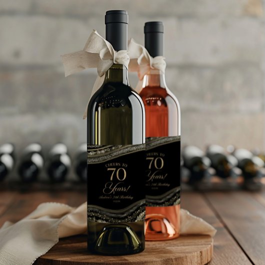 Elegant Black Gold Agate 70th Birthday Party Wijn Etiket