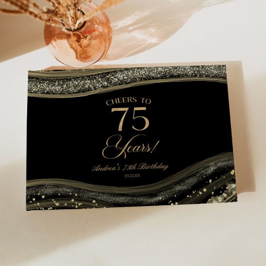 Elegant Black Gold Agate 75th Birthday Party Gastenboek