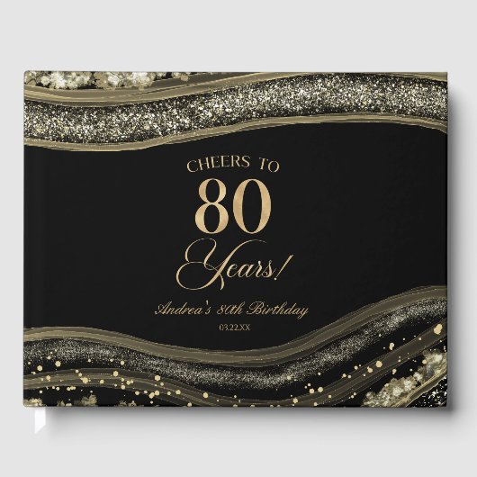 Elegant Black Gold Agate 80th Birthday Party Gastenboek (Voorkant)