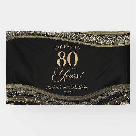 Elegant Black Gold Agate 80th Birthday Party Spandoek (Horizontaal)