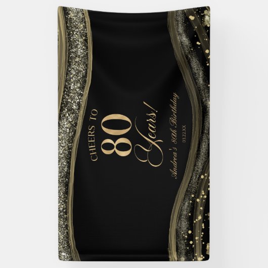 Elegant Black Gold Agate 80th Birthday Party Spandoek (Verticaal)