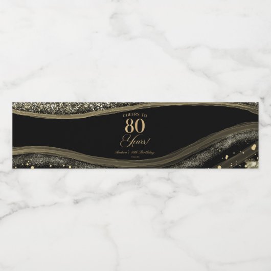 Elegant Black Gold Agate 80th Birthday Party Waterfles Etiket (Enkel label)