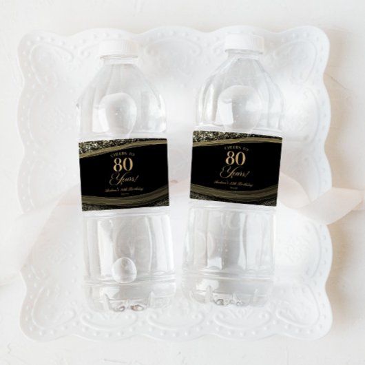 Elegant Black Gold Agate 80th Birthday Party Waterfles Etiket