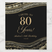Elegant Black Gold Agate 80th Birthday Party Wijn Etiket (Enkel label)