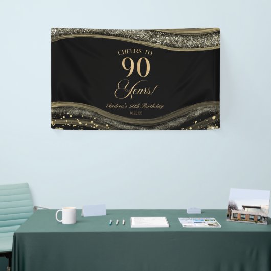 Elegant Black Gold Agate 90th Birthday Party Spandoek (Beurs)