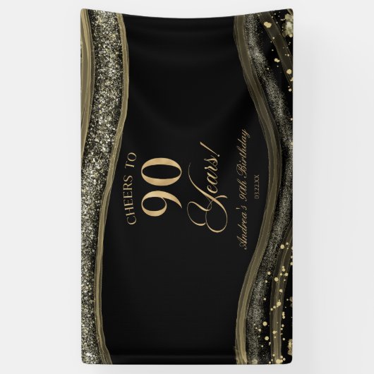 Elegant Black Gold Agate 90th Birthday Party Spandoek (Verticaal)
