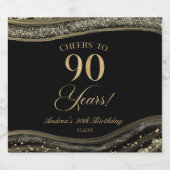 Elegant Black Gold Agate 90th Birthday Party Sparkling Wijnetiket (Enkel label)