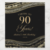 Elegant Black Gold Agate 90th Birthday Party Wijn Etiket (Enkel label)