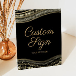 Elegant Black Gold Agate Custom Text Reclamebord Met Voetstuk