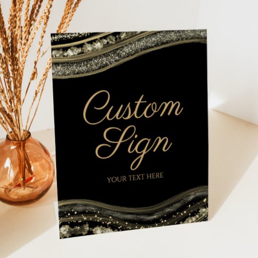 Elegant Black Gold Agate Custom Text Reclamebord Met Voetstuk
