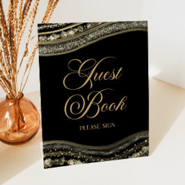 Elegant Black Gold Agate Guest Book Sign Reclamebord Met Voetstuk