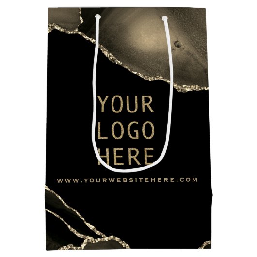 Elegant Black Gold Agate, je Logo hier, middelgroo Medium Cadeauzakje (Achterkant)