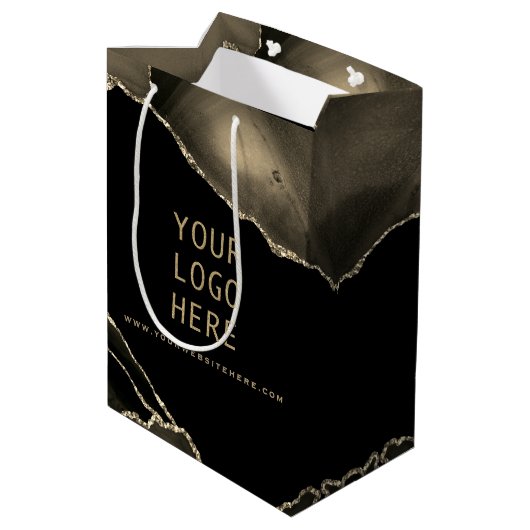 Elegant Black Gold Agate, je Logo hier, middelgroo Medium Cadeauzakje (Achterkant Gekanteld)