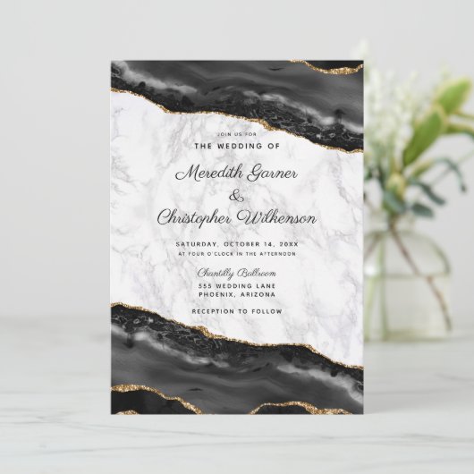 Elegant Black Gold Agate Marble Wedding Kaart (Staand voorkant)