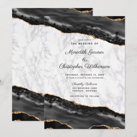 Elegant Black Gold Agate Marble Wedding Kaart (Voorkant / Achterkant)