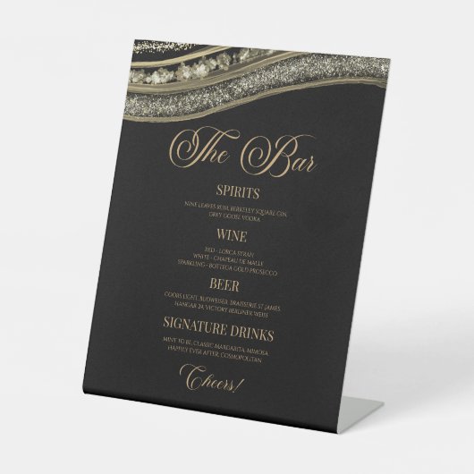 Elegant Black Gold Agate Party Bar Menu Reclamebord Met Voetstuk (Voorkant)