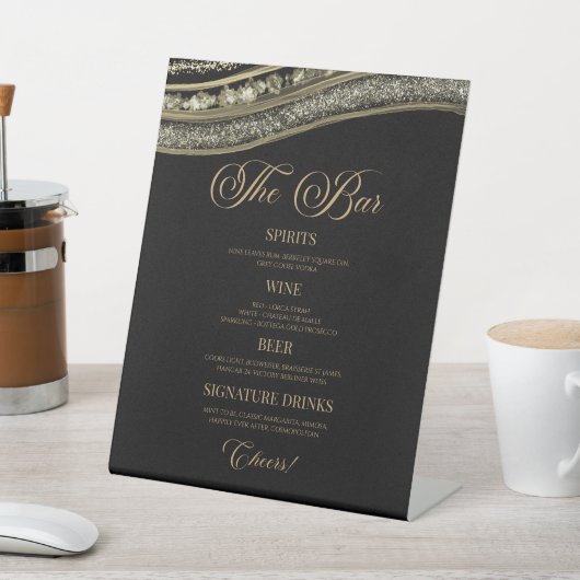 Elegant Black Gold Agate Party Bar Menu Reclamebord Met Voetstuk (Insitu)