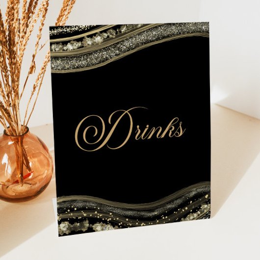 Elegant Black Gold Agate Party Drinks Reclamebord Met Voetstuk