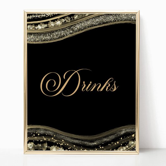 Elegant Black Gold Agate Party Drinks Sign Poster