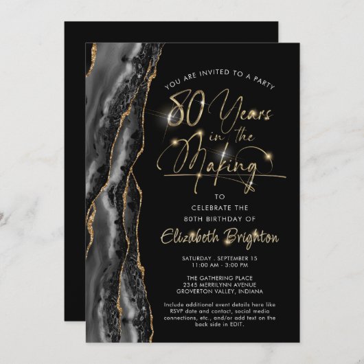 Elegant Black Gold Agate Script 80e verjaardag Kaart (Voorkant / Achterkant)