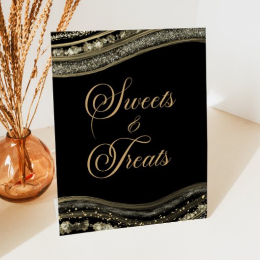 Elegant Black Gold Agate Sweets and Treats Reclamebord Met Voetstuk