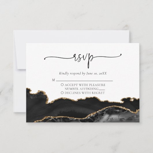 Elegant Black Gold Agate Wedding RSVP Kaart (Voorkant)