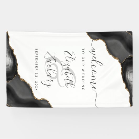 Elegant Black Gold Agate Wedding Welcome Spandoek (Horizontaal)
