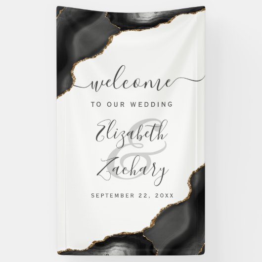 Elegant Black Gold Agate Wedding Welcome Spandoek (Verticaal)