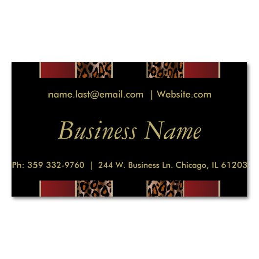 Elegant Black, Gold and Burgundy Leopard Stripes Visitekaartje Magneet (Voorkant)